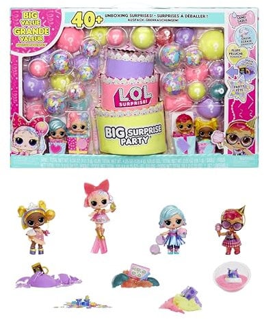 L.O.L. Surprise! Big Surprise Party, 4 Sammlerpuppen, 40 Plus Überraschungen, 5 Auspack-Erlebnisse, Mode, Sand, Gel Crush, Muschel Smash, Flaum, Party-Konfetti, Geschenk für Mädchen ab 4 Jahren