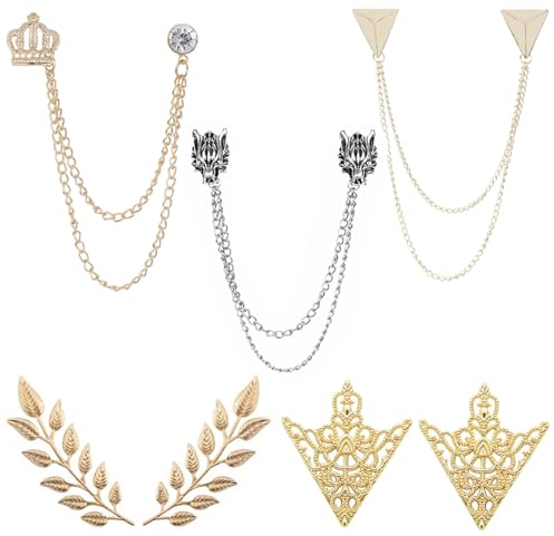 JinYu Wolf Kopf lange Kragen Kette Brosche Krone mit hängenden Kette Brosche Mantel Anzug Kragen Zubehör Brosche für Männer 7 Stück