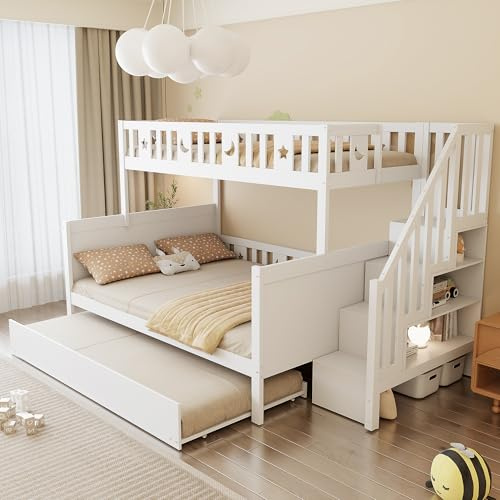 Zravenna Hochbett mit 2 Schubladen 90x200/140x200 cm Weiß, holzbett Etagenbett 2 Kinder Regal mit Sicherheitsstufen, Kinderhochbett Weiß (Bett Ausziehbar Ohne Rutsche)