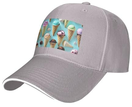 LUXYYFZC Baseballkappe mit Eiswaffel-Druck, Sandwich-Baseballkappe, klassische Baseballkappe, verstellbar, modisch, Outdoor-Kappe, grau, Einheitsgröße, grau, Einheitsgröße