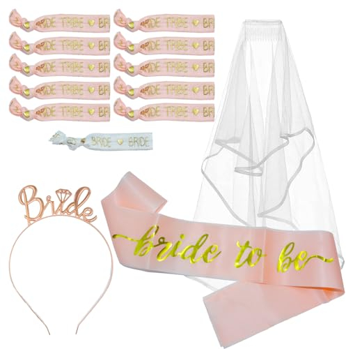 Junggesellinnenabschied Accessoires mit Bride To Be Schärpe,Braut Schleier,Rosegold Stirnband Tiara,Braut to Be&Team Bride Armbänder,JGA Deko Set für Bachelorette Party Und Hochzeitsfeier