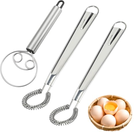 SYEYCW 3 Pièces Fouets à Pâte en Acier Inoxydable, 2 Pièces Fouet Cuisine à Spirale Cuillère Magique, 1 Pièces Mélangeur de Pâte, Manuel Batteur à Oeufs, Outil d'Agitation de La Pâte de Cuisine