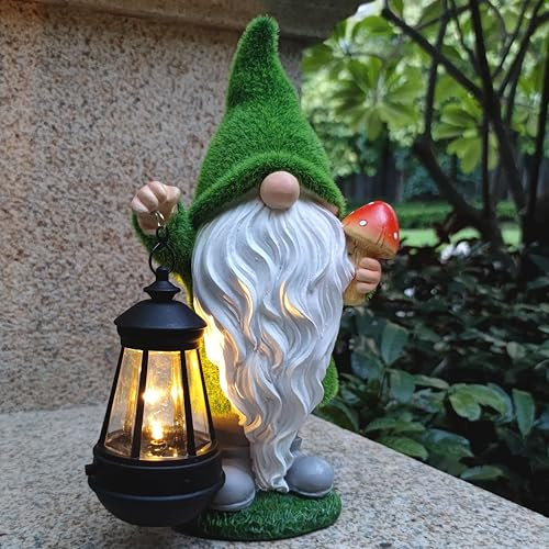 Qobumy Gnomes Solar Garden Statues,Resin Gnome Figurine Decorations Holding Mushroom and Solar Lights Lantern, Outdoor Figurines Lawn Garden Statue Decor Art for Lawn,Yard, Balcony Ornament.
