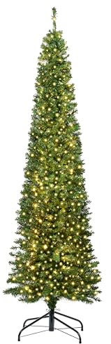 Celebright 7ft/2.1m Artificial Pencil Slim Space Saving Christmas Tree Home Decoration | Pre-Lit With 400 Warm White & Dual Colour LEDs (Green)