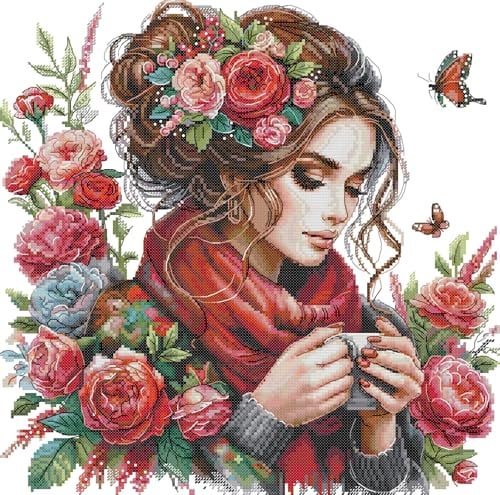 Awesocrafts Kreuzstich Stickpackungen Vorgedruckt Ein Mädchen wie eine Blume Bilder Vorlagen Sticken Set Vorgedruckt 14CT 2 Stränge