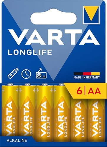 VARTA Piles AA, lot de 6, Longlife, Alcalines, 1,5V, emballage recyclé à 90%, adaptées aux les télécommandes, réveils, radios, horloges murales, Made in Germany