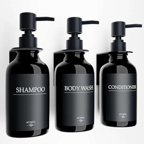 Seifenspender Wandbefestigung, Shampoo Flaschen Zum Befüllen Mit 16 Wasserdichten Etiketten, Spülmittelspender Ohne Bohren, Badezimmer Seifenspender Set, 500ml, 3 Stück, Schwarz