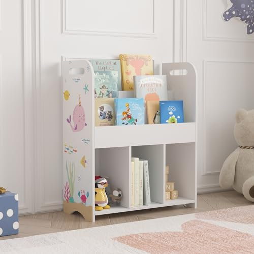 [en.casa] Scaffale per Cameretta Bambini Mini Libreria con Scomparti e Contenitori a Scaletta Mobile Bianco a Misura di Bimbi 75x62x29 cm Disegno Laterale Oceano
