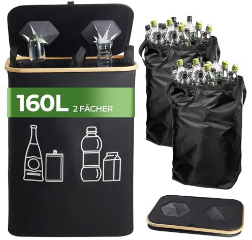 Bangleo Pfandflaschen Sammelbehälter 2 Fächer, 160L Flaschensammler Leergut, Pfandflaschen Behälter mit Waschmaschinenfeste Flaschentasche, Bambus Leergut Sammelbehälter mit Deckel, Pfandbehälter