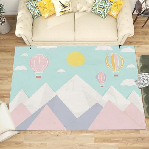 NAWVNMI Waschbarer Teppich Krabbelmatte Babyzimmer Kinder rutschfest Flauschig Teppich Teppich Kinderzimmer Junge Mädchen Kinderteppich, Berge - Cartoon-Heißluftballon, 140 x 200 cm