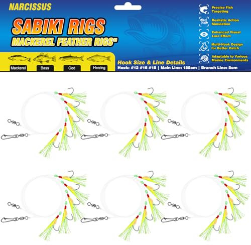 Narcissus Mackerel Feather Rigs, 6 Pack Pre-Tied Sabiki Rigs for Sea Fishing with 30 Hooks, Luminous Beads & Bionic Insects, Perfect for Mackerel, Pollock, Cod, Herring, Bass