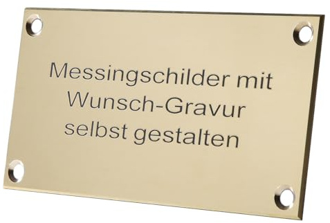 Messingschild mit Gravur – 120 × 60 mm – Schild aus massivem Messing mit Wunschtext – inkl. 4 Lochbohrungen oder Klebefolie – optional mit Zaponlack – Türschild, Namensschild, Firmenschild