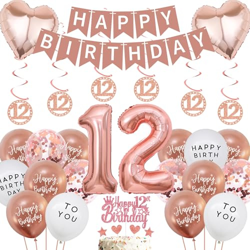 12th Birthday Balloons Decorations for Girl - 44 Pieces 12 Year Old Supplies Rose Gold with Happy Birthday Banner, Number 12 Hanging Swirls Cake Topper for Official Pre-Teen Party Accessories