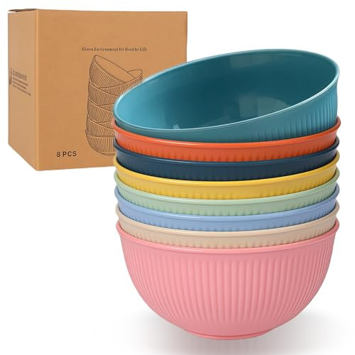 LEKEFETO Lot de 8 bols à céréales en plastique incassable - Réutilisables - Saladiers - Bol à soupe - Passe au micro-ondes et au lave-vaisselle - 8 couleurs, 680 ml