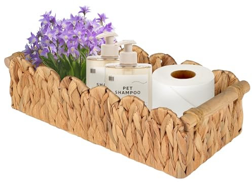 Petit panier à papier toilette, en osier pour le rangement, panier de rangement en jacinthe d'eau pour étagères, organiseur de réservoir de toilette en rotin festonné pour salle de bain, chambre à