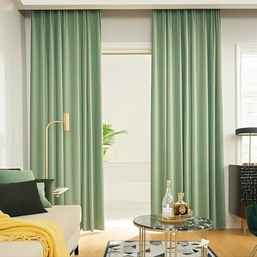 MYRU 1 Pair Pencil Pleat Luxury Velvet Curtains, Room Darkening, Thermal Insulated Drapes for Living Room Bedroom(Pale Green, 2 x 66x84 Inch)