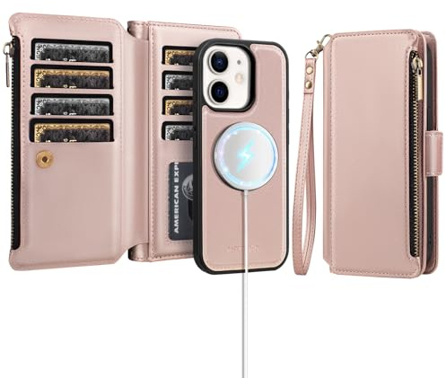 Antsturdy Compatible with MagSafe iPhone 11 Wallet Case,Rose Gold | Detachable Magnetic Credit Card Holder,RFID Blocking,PU Leather Zipper Purse,Wrist Strap Kickstand,Flip Phone Cover for Women