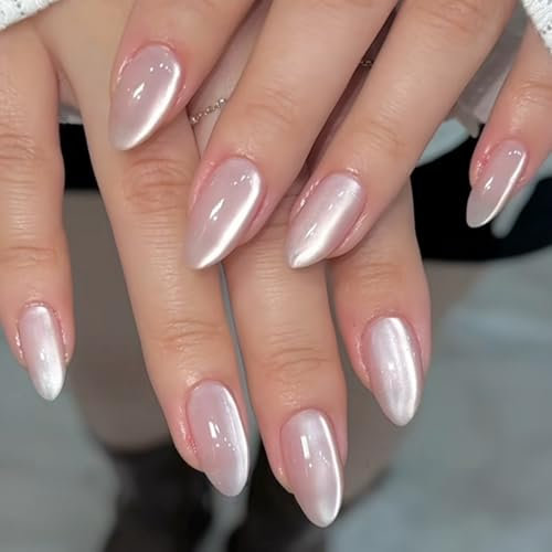 Flash Cat Eye Press-On Nails - 24Pcs Almond Glitter Pink False Nails - Medium Oval Glossy Stick on Nail with Glue - Shiny Acrylic Full Cover Design Fake Nails for Women Manicure Nail Art