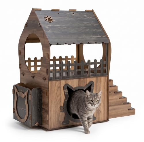 Jungengel Zweistöckiges Katzenhaus Holz mit Treppe, Balkon & Stauraum | Katzenhöhle für drinnen, Katzenhäuschen Indoor, Katzenhäuschen mit 2 Etagen, Katzenhütte, Haus für Katzen, Braun