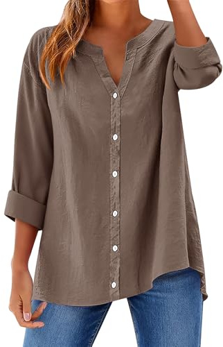 Rapbin Womens Tops Long Sleeve Cotton Shirts V Neck Button Down Clothes Casual Work Office Ladies Loose Shirt Blouses Grey Brown L