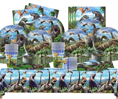 81 pezzi Stoviglie Compleanno Dinosauri, Decorazioni Compleanno Dinosauri | Stoviglie per Feste Piatti Carta, Bicchieri, Tovaglioli e Tovaglia per 20 ospiti