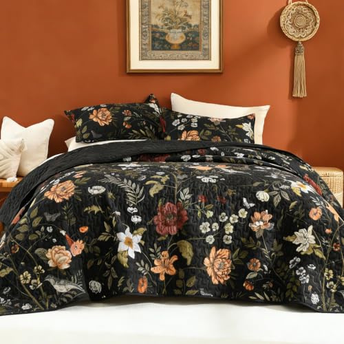 Litanika Floral Black Quilt King - 3Pcs Summer Boho Bedding Set