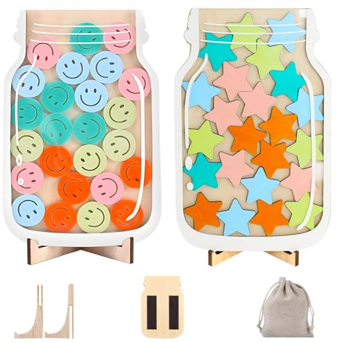 Magnetic Reward Jar - 2Pack Kids Reward Jar with Stars & Smiley Face Tons, Reward Chart for Potty Training, Good Behaviour & Daily Chores