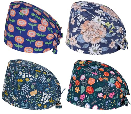 Zidoley: 4 Cappucci Chirurgici Unisex, Multicolore (Floreale), Tessuto di Cotone, Regolabili, per Uomo e Donna, Infermieri, Medici, Ospedali, Laboratori, Cosmetici
