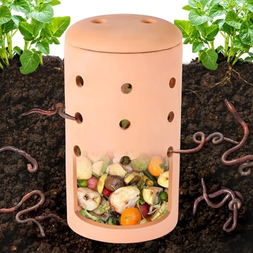 Underground Worm Farm Clay Garden Composting Container Ceramic Outdoor Gardening from Kitchen Food Waste with Holes Systems Sustainable Wormery Composter for Raised Beds at Home (27.9 cm, 1)