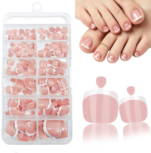French Tip False Toe Nails, Press On Toenail, Acrylic Fake Nails 120Pcs 12 Sizes Stick On Toenails For Women French Tip Gift for Girls, Easy Application, Durable & Natural Look