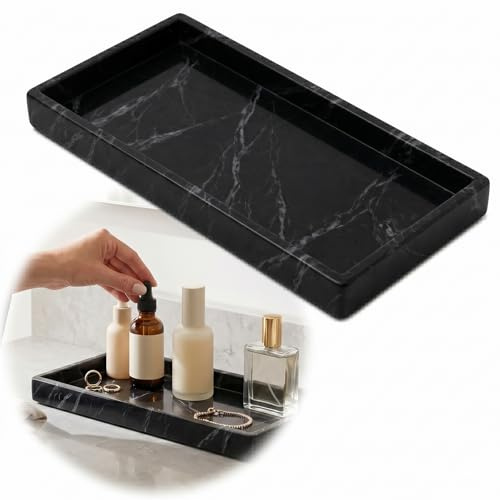 Black Marble-Effect Silicone Vanity Organiser Tray, 30 x 12.5 x 2 cm | Long rectangular organiser with a raised rim for perfumes, toiletries and small essentials on bathroom or dressing table.