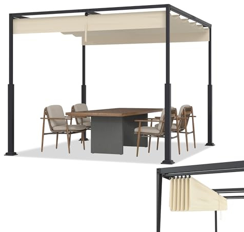 TATIVALO 3×3 m Freistehende Metall Pergola Beige mit Schiebedach, wetterfest, Pulverstahl, UV- und wasserdicht, Lamellendach, Winterfest, Sonnenschutz für Garten, Terrasse, Balkon, Partyzelt