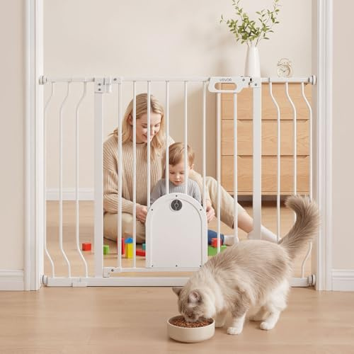 VEVOR Barrera de Seguridad para Niños, Ajustable de 75 a 111 cm, Alto de 76 cm, Valla de Seguridad Infantil con Puerta para Gatos, con Accesorios de Montaje, para Escaleras Puertas Salón, Color Blanco