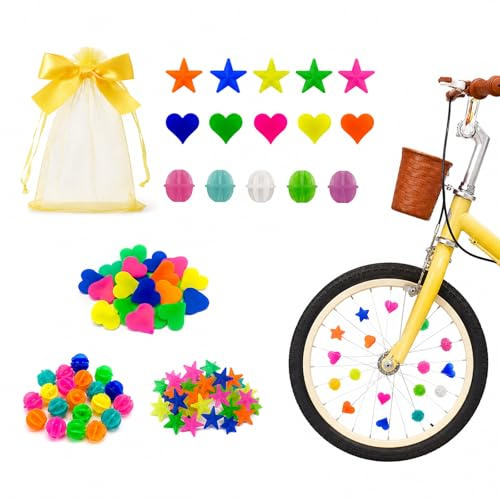 UZYXC 108 Stück Speichenperlen Fahrrad in 4 Formen (rund, Herz, Stern, Mond) mit Schleifen-Geschenkbeutel – Bunte Fahrradspeichen Deko für Kinder, Mädchen, Jungen, erhöhte Sichtbarkeit im Dunkeln
