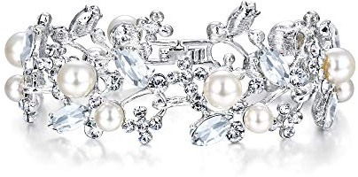 EVER FAITH® österreichischen Kristall künstlich Perl Blume Braut Armband Silber-Ton klar N04335-2