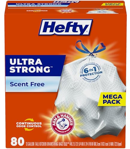 Hefty Ultra Strong Trash Bags (Scent Free, Tall Kitchen Drawstring, 13 Gallon, 80 Count) Fits All Simplehuman Size J Cans