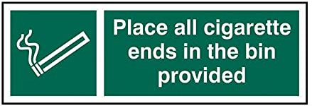 'Place All Cigarette Ends In The Bin Provided' Sign, Self-Adhesive Vinyl (300mm x 100mm)