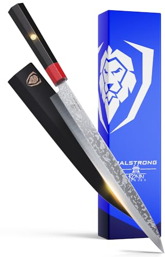 Dalstrong Couteau Sushi Yanagiba - 10,5 - Série Ronin - Lame Simple Biseau - Acier Damas Japonais AUS-10V - Poignée En Palissandre Rouge - Avec Gaine