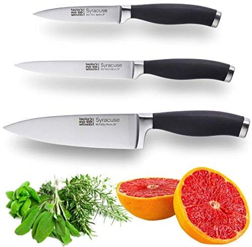 Taylors Eye Witness Syracuse Kitchen Knife 3pce Set - Paring 9cm/3.5”, Chefs 15cm/6” & Cooks All Purpose 13cm/5” Cutting Edge. Ultra Fine, Razor Sharp Blade. Soft Textured Grip Matte Black Handle.