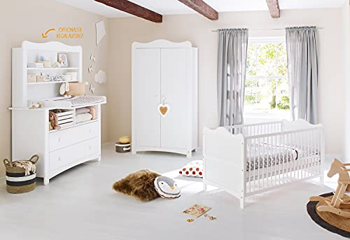 PINOLINO Kinderzimmer-Set Florentina extrabreit, 4-tlg., Kinderbett mit Lattenrost, Wickelkommode inkl. Wickelaufsatz, Regalaufsatz und Schrank, für Babys und Kleinkinder, aus weißem Dekor