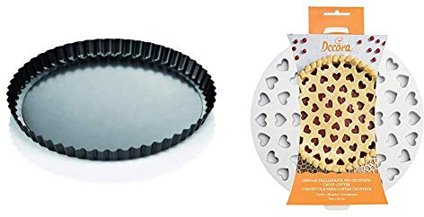Tescoma 623115 Delicia Stampo Crostata con Fondo Removibile, Diametro 28 & Decora 0215801 Griglia Tagliapasta per Crostate Cuori, Bianco