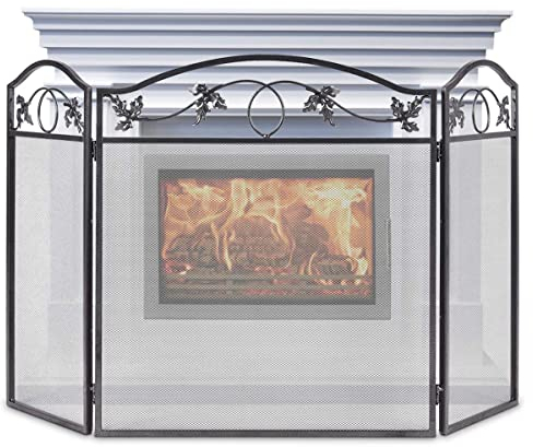 CASART 3 Panel Foldable Fire Screen Protector, Fireplace Fence with Leaves Pattern, Indoor and Outdoor Freestanding Spark Guard for Baby & Pet