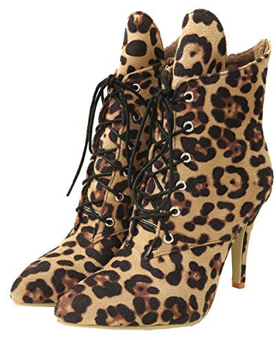LUXMAX Stivaletti da Donna Tacco Alto Stivali Tacchi a Spillo Lace-up Scarpe a Punta con Cerniera (Leopardate) - 38 EU