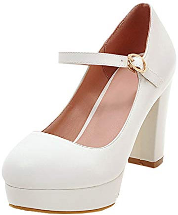 MISSUIT Damen Mary Jane Damenschuhe Blockabsatz Riemchen Pumps High Heels Plateau Geschlossen(Weiß,35)