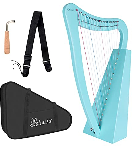Leierharfe, 15 Saiten, 55,9 cm, massives Birkenholz, Musikinstrumentenhöhe für Erwachsene und Kinder, Anfänger, mit Stimmschlüssel, schwarzer Gigbag-Gurt (blau)