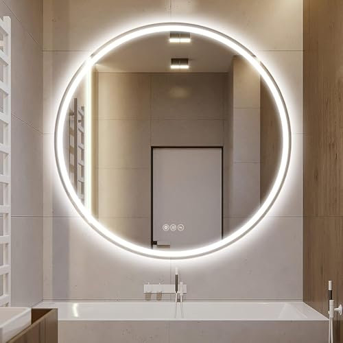 AI-LIGHTING 500mm Round Bathroom LED Mirror Illuminated Backlit Bathroom Circle Mirror with LED Lights for Wall Touch Switch Demister 3 LED Light Color Dimmable
