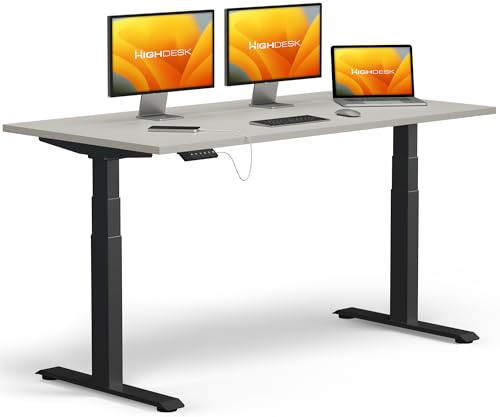 KRIEG HighDesk PRO Höhenverstellbarer Schreibtisch 200 x 80 cm I Schwarz + Grau - Elektrischer Sitz- & Stehtisch mit Tischplatte - Stehschreibtisch Elektrisch Höhenverstellbar