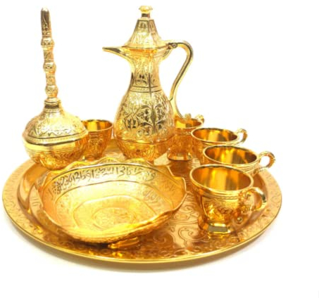 Vintage Metal Turkish Coffee Tea Zamzam Water Pot Drinking Set | Serving Tray, Pot, 6 Cups, Bowl Sets | Mid Century Coffee Teapot Set, Turkish Islamic Decoration (Gold)
