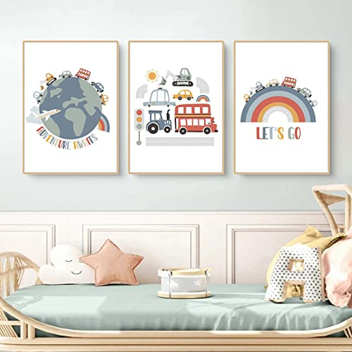 CULASIGN 3er Set Poster für Kinderzimmer, DIN A4 Bilder für Jungen & Mädchen, Autos Straßen Wandbilder Fahrzeuge Kinderposter für Schlafzimmer Babyzimmer Wandeko, Ohne Rahmen (ABC,30x40cm)
