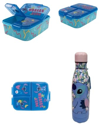PELLECCHIA 1969 | Set Pranzo Scuola 2 Pezzi | Porta Merenda Scuola con 3 scomparti in Plastica BPA Free e Bottiglia termica in acciaio inossidabile con tappo svitabile 500ml STITCH (ROSA)